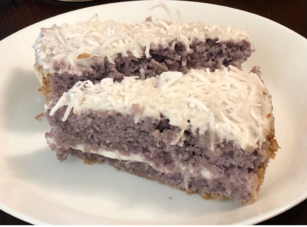 purple yam cake with coconut icing